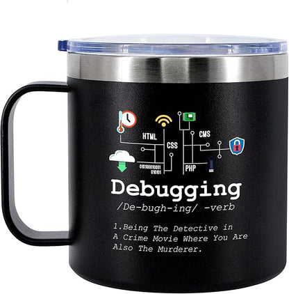 Panvola Debugging Definition Computer Programmer Student Teacher Geek Coder Tech Support Programming IT Insulated Coffee Mug with Handle and Lid Camping Travel Thermal Mugs 14 oz Black