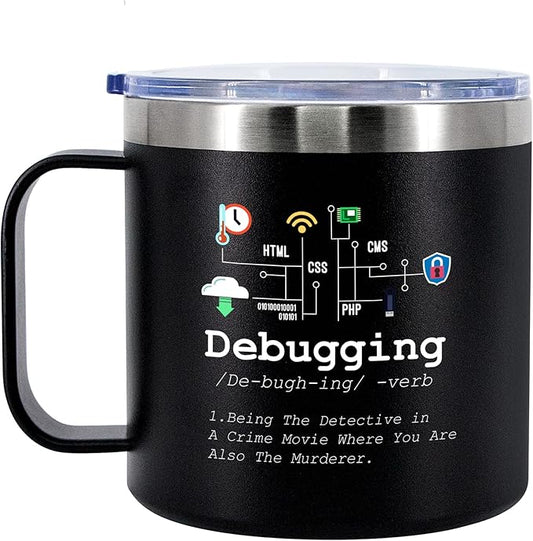 Panvola Debugging Definition Computer Programmer Student Teacher Geek Coder Tech Support Programming IT Insulated Coffee Mug with Handle and Lid Camping Travel Thermal Mugs 14 oz Black