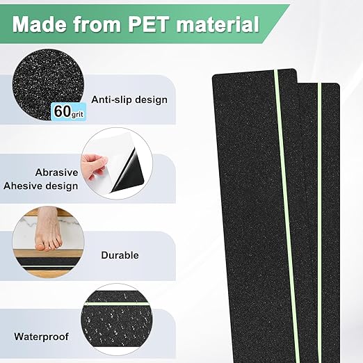 10-Pack Anti Slip Traction Tape 24" x 6" Best Grip Tape Grit with 6mm/0.24" Glow in Dark Stripe High Traction Friction Abrasive Adhesive for Indoor/Outdoor Stairs[Black+Green]