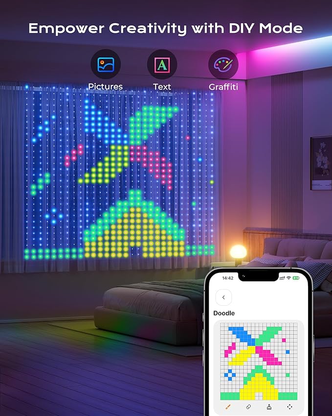 540 RGBIC LEDs Smart Curtain Lights with DIY GIF, 4.9x6.6ft Color Changing Christmas Wall Lights with APP, IP65 Waterproof String Fairy Lights for Indoor Outdoor Bedroom Window Garage