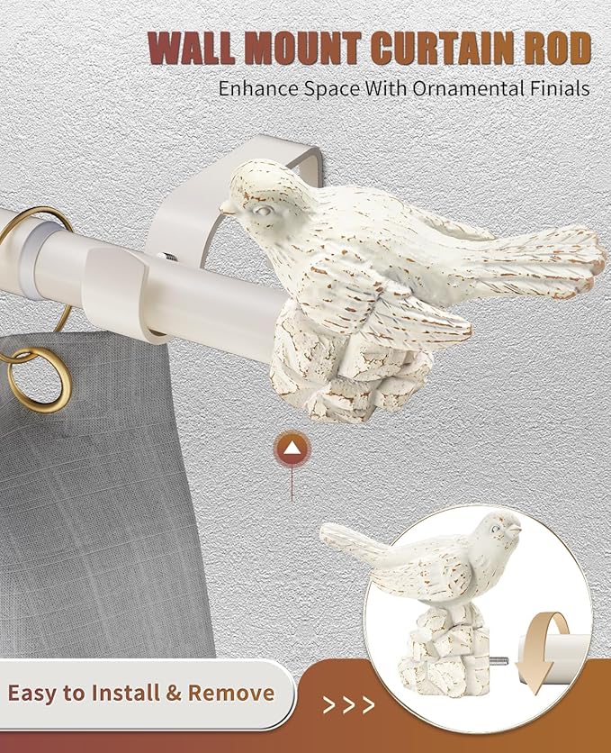 White Curtain Rod 36 to 144 Inches Curtain Rods for Windows Adjustable Heavy Duty Drapery Rod with Bird Finials for Kitchen Window Living Room