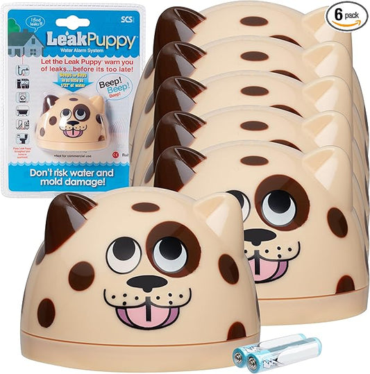 Water Leak Detector and Alarm-The Original LeakPuppy 6PK -Electronic Flood Detector for Kitchen & Basement- 1/32" Liquid Sensor-Beeps Loudly on Overflows Plus Low Battery-Xmas Gift for New Homeowners