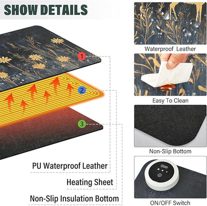 Heated Desk Pad Mouse Pad 31.5x13 Inch PU Leather Desk Mat with 3 Heat Levels Large Mouse Gaming Computer Laptop Mat Deer Blue Hat Flowers Black