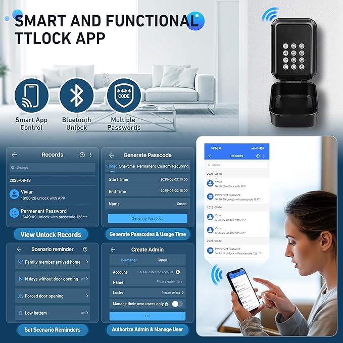 HUANLANG Smart Key Lock Box - Bluetooth Electronic Lock Box for Keys, Wall Mount Digital Key Storage with App Control & PIN Code Types, IP65 Waterproof lockbox for Home, Airbnb, Realtor and Office