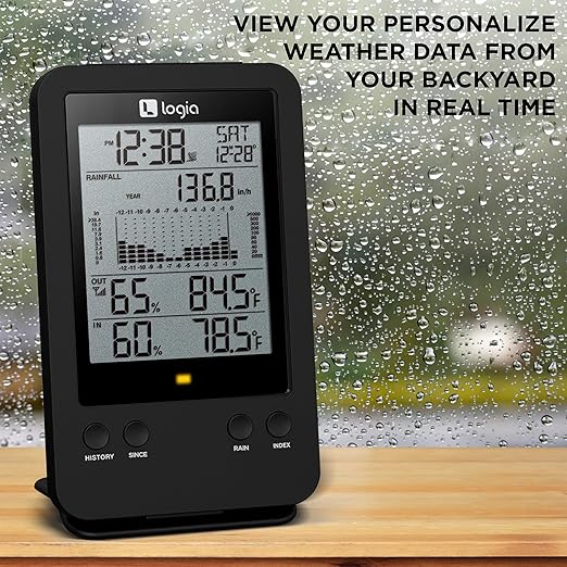 Logia 3-in-1 Rain Gauge Weather Station with Temperature & Humidity, Indoor/Outdoor Weather Monitoring System, Wireless Display Console with History, Alarms and Alerts