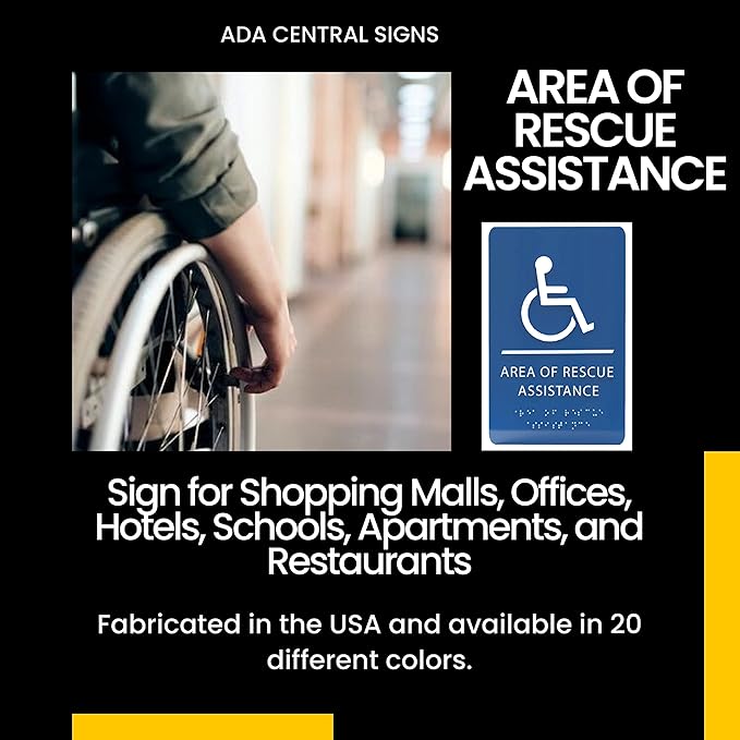 6" X9" Area of Rescue Assistance Sign - ADA Compliant Tactile Graphics Grade 2 Braille Text Signs| Sign for Shopping Malls, Offices, Hotels, Schools, Apartments, and Restaurants