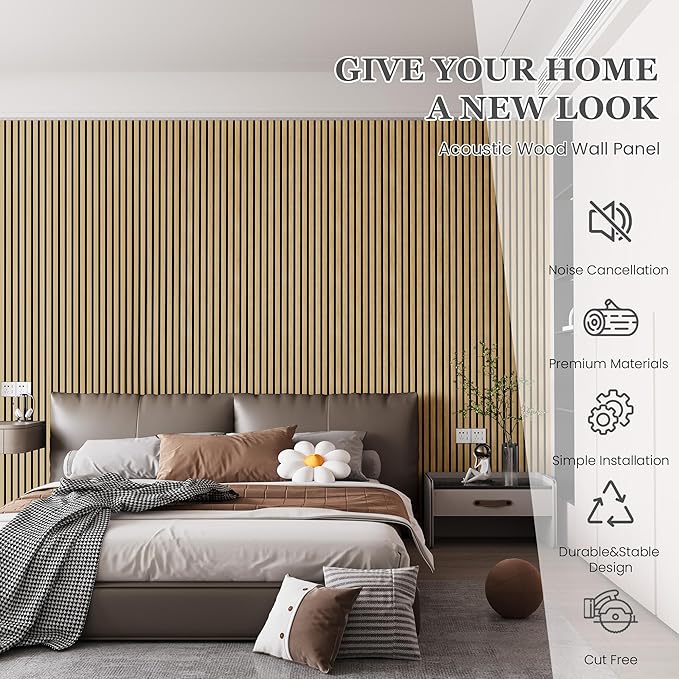 Wood Salt Acoustic Wall Panels, 6 Piece 94" x 7.9" x 0.8" Soundproof Wooden Wall Panels, 3D Fluted Sound Absorbing Panel, Rustic Oak