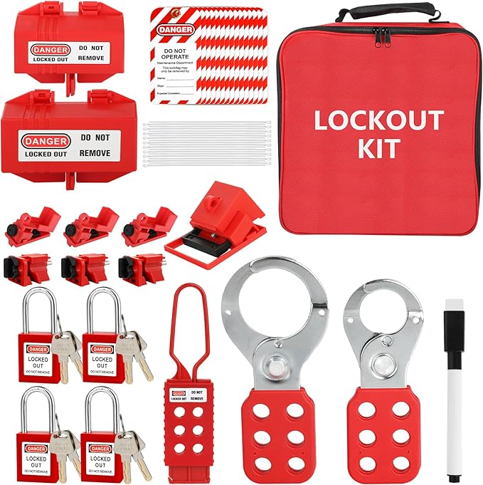 Lockout Tagout Kit Electrical Loto 33Pcs - Safety Padlocks Clamp-On Circuit Breaker Lockout, Group Lockout Hasps, Lockout Tag, Universal Multi- Pole Breaker and Red Carrying Bag