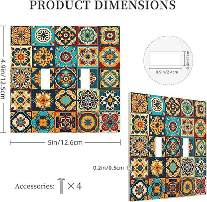 Mexican Talavera Ceramic Tile Moroccan Boho Decorative Switch Plates 2 Gang Double Toggle Outlet Light Switch Cover Wall Plate Electrical Faceplate for Bathroom Kitchen Decor