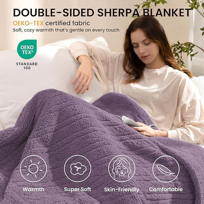 Heated Blanket Electric Blanket King - Fast Heating Blanket Throw Dual Control Double Sided Sherpa with 10 Heating Levels & 2-10 Hours Auto Off, Mashine Washable, 90 x 100 Inches, Purple