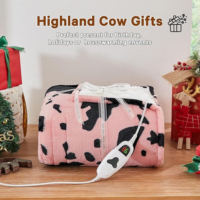 Cow Print Heated Electric Blanket Twin Size,62X84 Light Pink Heating Blanket with 10 Heats Levels & 8 Hours Auto Off,Highland Cow Fleece Sherpa Blankets Warmer Gifts for Women Adults,Washable