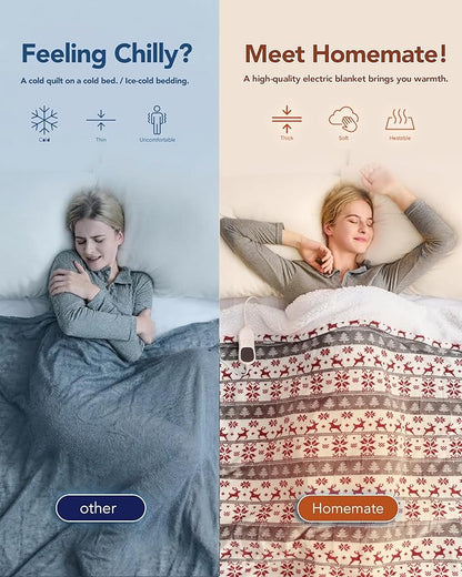 Homemate Electric Heated Blanket King Size - 100"x90" Heating Blanket King Size Dual Control 1/2/4/6/8 Hours Auto-Off 10 Heat Level Over-Heat Protection Flannel Sherpa ETL Certification