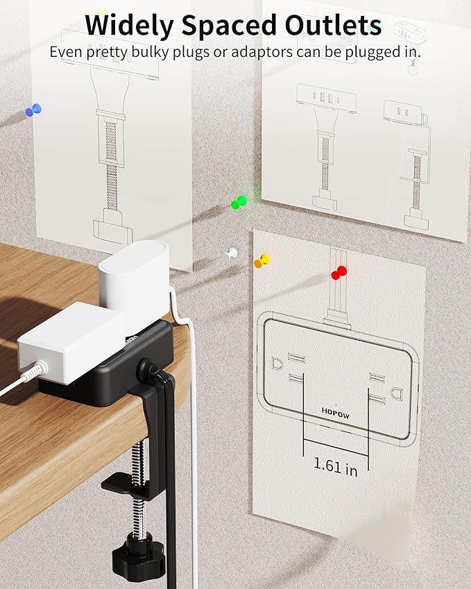 Desk Clamp Power Strip, 2 Pack Desktop Mount Charging Station with 4 Outlets 4 USB Ports (2 USB C), 10Ft Under Desk Power Strip, Fits 2.75" Tabletop Edge, Extension Cord for Home Office, Black