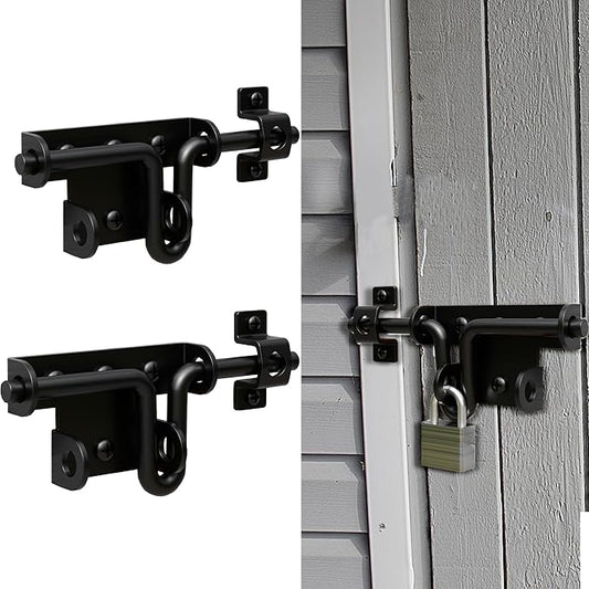 Heavy Duty Slide Bolt Gate Latch for Wooden Fence, 2 Way Barn Door Latch with Padlock Hole, Offset and Flush Mounted Gate Latch for Outdoor Gates/Yard Fence/Shed Door, Black, 2 Pack