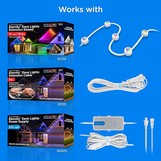 Enbrighten Vibe Eternity Permanent Outdoor Lights for House, 100 Feet, 72 RGBWIC LEDs, Close Spacing, 33lm, Color Changing, Christmas, Eave Lighting, Smart App, Works with Alexa, Google Home, 81103