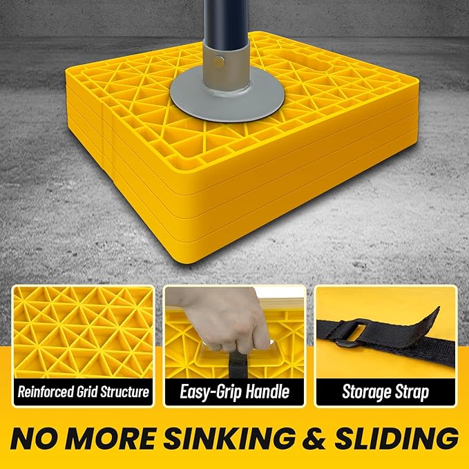 ROBLOCK Large RV Jack Stabilizer Pads,Sinking Resistant Stackable Camper Stabilizer Pads with Easy-Grip Handle and Handy Strap, Easy Storage & Organization, Yellow 4 Pack 14" x 12"
