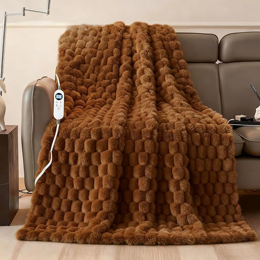 Electric Blanket 50" x 60" Soft Ribbed Faux Fur Flannel Quick Heat 12 Heat Levels 1-12 Hour Timer & Overheat Protection & Auto Shut Off & ETL FCC (Brown, Throw 50" x 60")