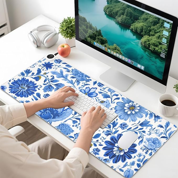 Heated Desk Pad Mouse Pad 31.5x13 Inch PU Leather Desk Mat with 3 Heat Levels Large Mouse Gaming Computer Laptop Mat Flower Blue and White Daisy Leaf