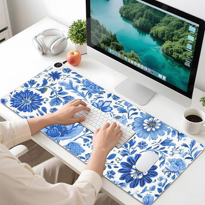 Heated Desk Pad Mouse Pad 31.5x13 Inch PU Leather Desk Mat with 3 Heat Levels Large Mouse Gaming Computer Laptop Mat Flower Blue and White Daisy Leaf
