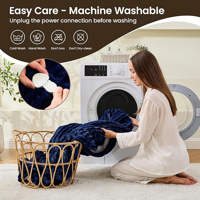 Heated Blanket Electric Blanket 50"x60", Soft Flannel Sherpa Electric Throw with 5 Heating Level & 12 Times Setting, Heated Throw with Overheating Protection, Machine Washable (Navy Blue)
