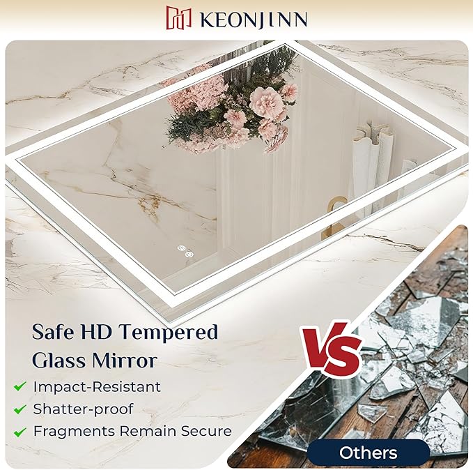 Keonjinn LED Mirror for Bathroom, 36 x 24 Inch, Wall Mounted, Dimmable, Anti-Fog, IP54 Waterproof, 3 Year Warranty