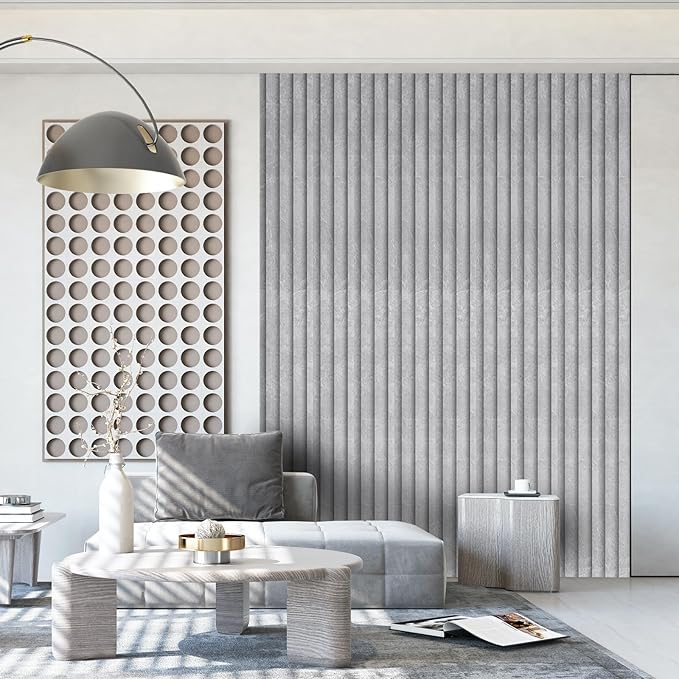 OUZUGIE WPC Acoustic Slat Wall Paneling, 8-Pack 114 x 6 Inches 3D Wall Panels for Interior Wall Decor,Living Room,TV Background,Study Room,Office Spaces,Bedroom,Low Grille (Gray Marble)