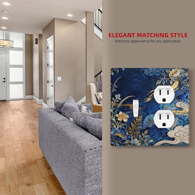Decorative Outlet Covers Blue White Flower Gold Line Cloud 2 Gang Light Switch Cover Plate Single Toggle Duplex Wall Plates for Electrical Outlets Switch Plate Covers for Home Decor