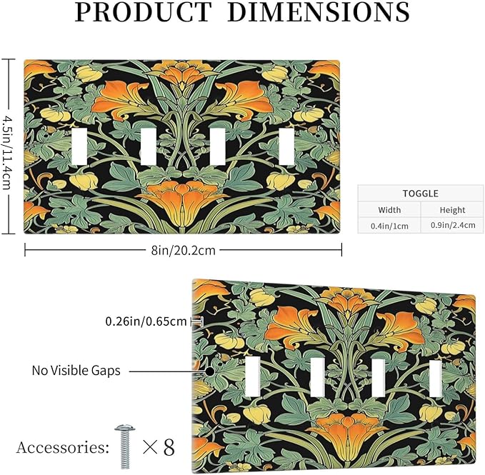 Light Switch Covers William Morris Vintage Floral Green Yellow Quad Toggle Electrical Faceplate 4 Gang Wall Plate Decorative Switch Plates for Bedroom Home Decor