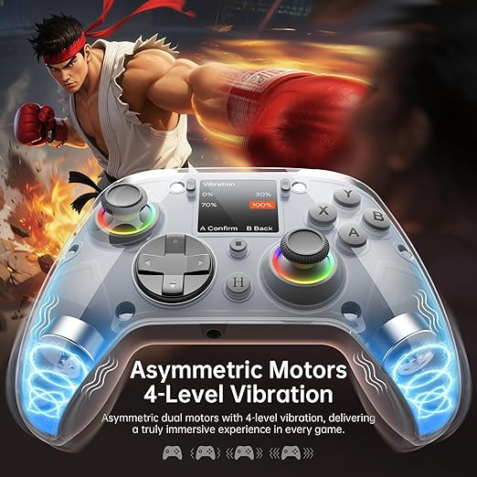 GUSGU G7 Wireless Gaming Controller with Interactive Screen, 1000Hz Polling Rate, Hall Joysticks & Triggers, 4 Programmable Buttons, Compatible with PC, Switch1, PS4, iOS, Android, Gray