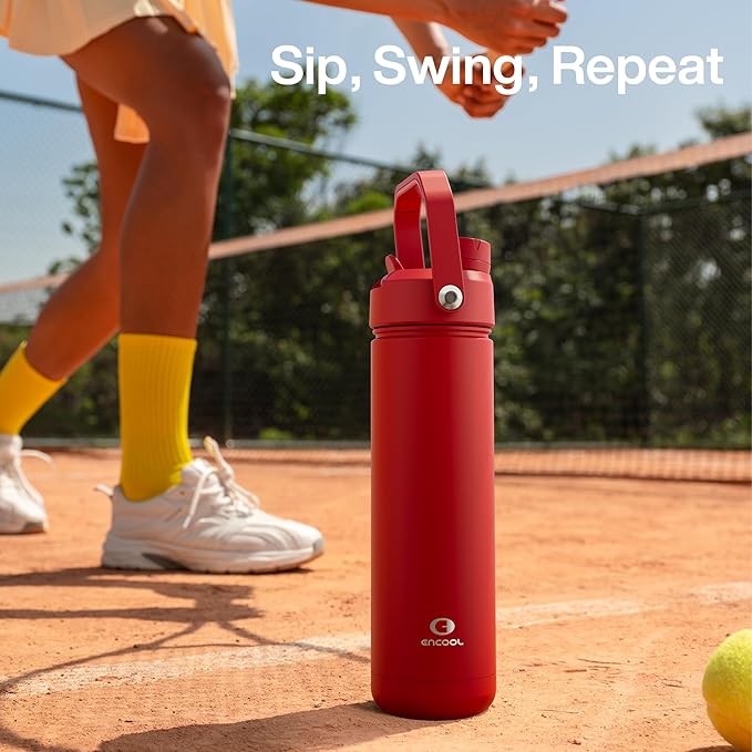 ENCOOL Insulated Water Bottle with Straw Stainless Steel Water Bottle, Leak-Proof, BPA-Free, Double Wall Vacuum Keeps Cold for 24 Hours for Sports, Travel, School (26 oz, Medium Carmine)