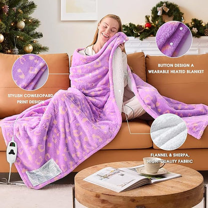 Leopard Print Heated Electric Blanket Twin,62X84 Purple Heating Blanket with 10 Heats Levels & 8 Hours Auto Off,Cute Cheetah Decor Sherpa Blankets Warmer Gifts for Women Couch Office,Washable