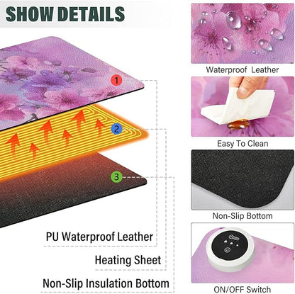Heated Desk Pad Mouse Pad 31.5x13 Inch PU Leather Desk Mat with 3 Heat Levels Large Mouse Gaming Computer Laptop Mat Romantic Cherry Blossom