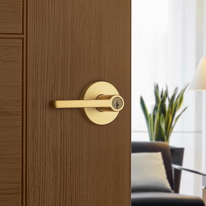 Kwikset Halifax Entry Door Handle with Lock and Key, Secure Keyed Reversible Lever Exterior, for Front Entrance and Bedrooms, Satin Brass, Pick Resistant Smartkey Rekey Security and Microban