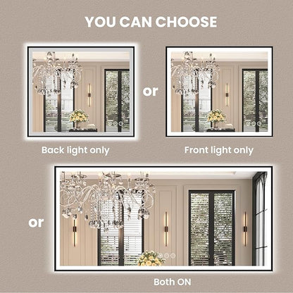 Amorho 28"x 32" LED Bathroom Mirror with Black Frame, Front Light and Backlit(Controlled Separately), Stepless Dimmable, Anti-Fog, Shatter-Proof, 3 Colors, Memory