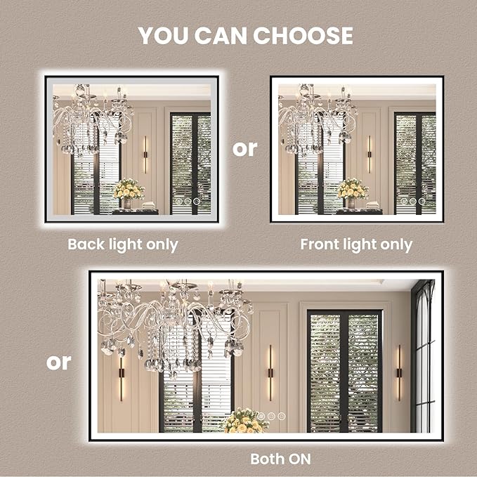 Amorho 48" X40" LED Bathroom Mirror with Black Frame, Front Light and Backlit(Controlled Separately), Stepless Dimmable, Anti-Fog, Shatter-Proof, 3 Colors, Memory