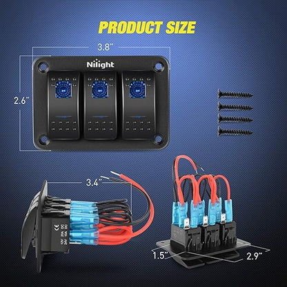 Nilight 90017C 3 Gang Aluminum Panel Toggle Dash 5 Pin On/Off Pre-Wired Rocker Switch Holder for Automotive Car Marine Boat, 2 Years Warranty,Blue