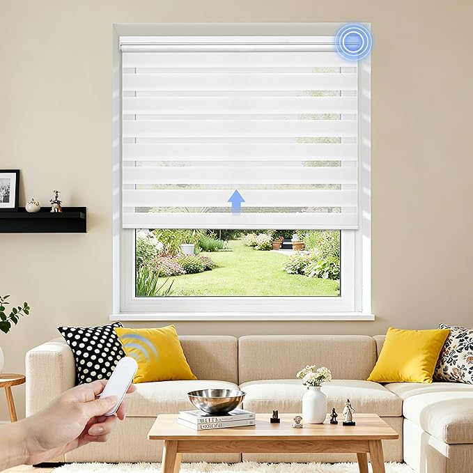 Grandekor Motorized Zebra Blinds with Remote Control,Smart Zebra Blinds for Windows,Electric Zebra Shades, White,24" W x 72" H