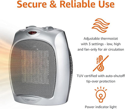 Amazon Basics Ceramic Space Heater, Portable Indoor Heating Solution, With Overheat and Tip-Over Protection, Thermostat, Non-Oscillating, 1500W, 7.52"D x 6.34"W x 9.45"H, Silver