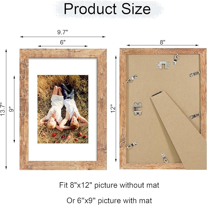 iRahmen 8x12 Picture Frame with HD Tempered Glass, Display Pictures 6x9 with Mat or 8 x 12 Without Mat, Wood Photo Frame for Tabletop and Wall (Rustic Brown, 1 Pack)