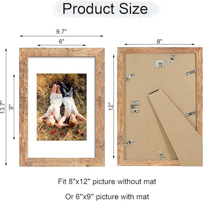 iRahmen 8x12 Picture Frame with HD Tempered Glass, Display Pictures 6x9 with Mat or 8 x 12 Without Mat, Wood Photo Frame for Tabletop and Wall (Rustic Brown, 1 Pack)