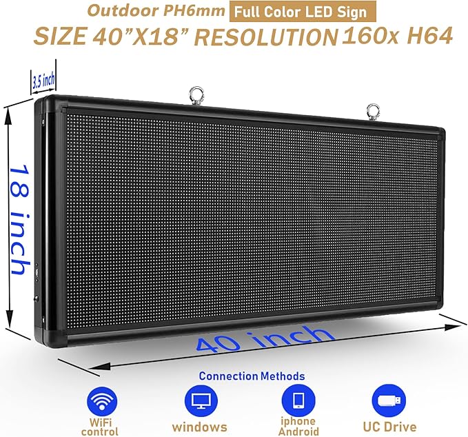P6 Outdoor LED Business Sign 40"x18" - WiFi Programmable Scrolling Message Board with High Brightness, IP65 Waterproof Commercial Display for Store Front, Supports Text, Image, Video