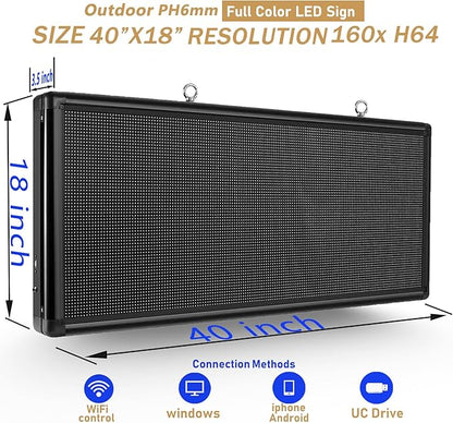 P6 Outdoor LED Business Sign 40"x18" - WiFi Programmable Scrolling Message Board with High Brightness, IP65 Waterproof Commercial Display for Store Front, Supports Text, Image, Video
