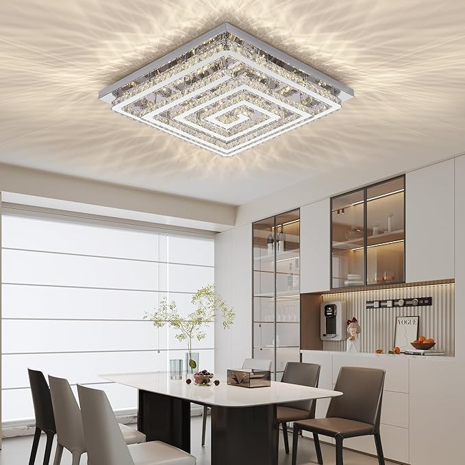 43" Modern Crystal Chandelier with Remote/APP Control, Dimmable Flush Mount Ceiling Light Fixture, 3-Color Temperature, Led Ceiling Lamp for Living Room Bedroom Kitchen Dining Room Entryway
