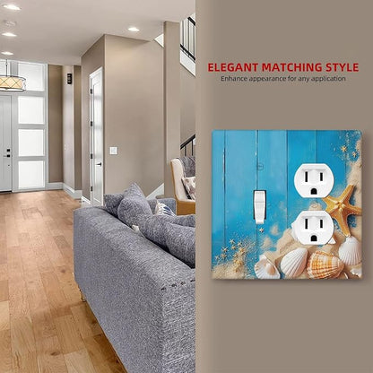 Wallplates Blue Wood Grain Beach Shell Starfish 1 Toggle 1 Duplex Switch Plate Electrical GFCI Faceplate Decorative Light Switch Covers for Bathroom Farmhouse Decor