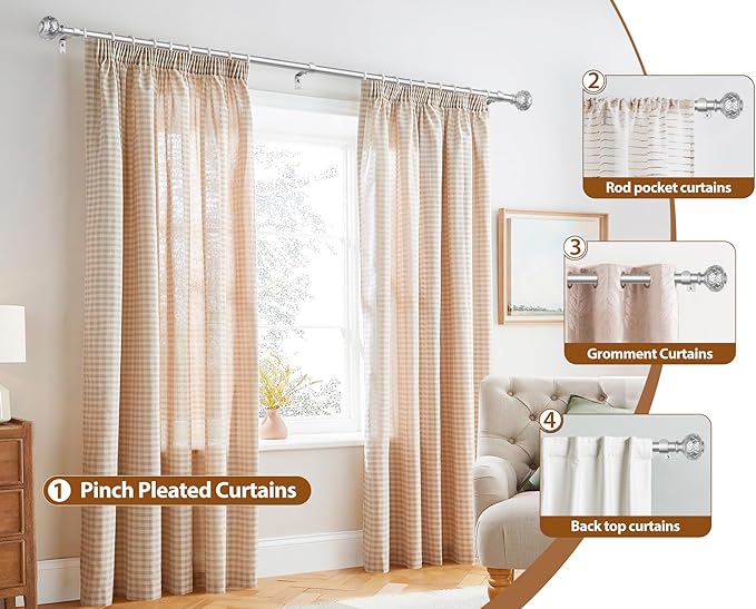 TONIAL Silver Curtain Rod 32 to 144 Inches, 7/8 Adjustable Curtain Rods for Windows 20 to 140 Inches, Splicing Drapery Rods Decorative with Netted Texture Finials