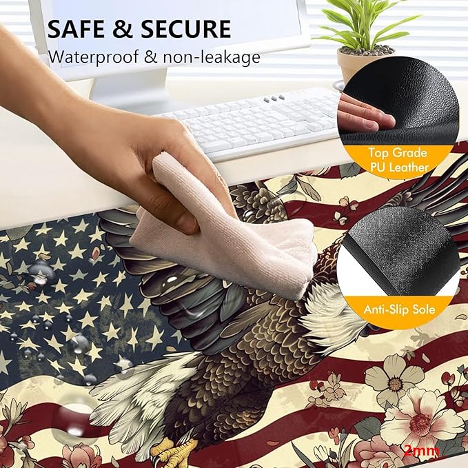 Heated Mouse Pad with 3 Levels Heated & 3 Hours Auto Shut-Off Mouse Pad for Warming Hands in Office Home, 23.6" x 14.2"Large Safe Desk Mat Hand Warmer，Flying Eagle Flag Flowers