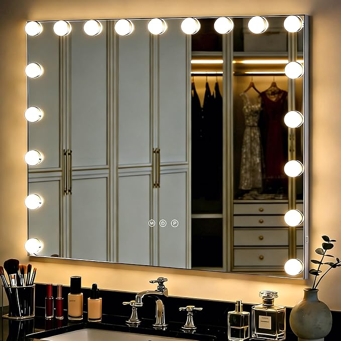 THEKLA 24 x 32 Inch Hollywood Light Vanity Mirror with 18 Bulbs Adjustable 3 Color Lights 32" Vanity Lighted Mirror for Bathroom Bedroom Wall Vanity Makeup Table Mirrors with Lights Base X10 Magnifier