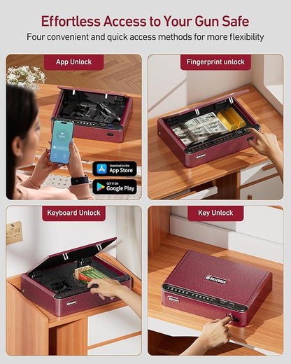 BILLCONCH Smart Gun Safe with Security Cable - Biometric Gun Safe for Handgun 4 Ways Quick Access with Fingerprint/Keypad/Key/APP Lock for Bedside Home Car with LCD/Voice Guide - Burgundy Red