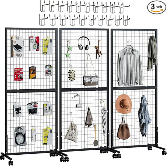 3 Pack Grid Wall Panel Rack, 3x6 Ft Metal Gridwall Display Stand with T-Base Wheels, Heavy-Duty Mobile Freestanding Racks with 20 Grid Hooks, for Retail Store, Craft Show, Boutique, Black