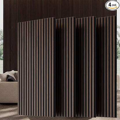 Wood Wall Panels, 45.3" x 23.6" Acoustic Panels for Wall and Ceiling, 3D Fluted Sound Absorbing Panel for Interior Wall Decor Noise Reduction (4Pcs-Dark Walnut)